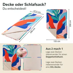Bunte Decke oder Schlafsack, gemusterte Oberseite mit Pflanzenmotiven, weiche Unterseite, zusätzliche Maße und Anweisungen.
