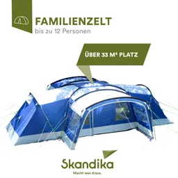 Familienzelt in Blau mit über 33 m² Platz, für bis zu 12 Personen, auf hellem Hintergrund, mit Markenname.