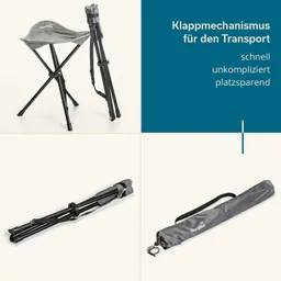 Faltstuhl in grau mit schwarzem Gestell, daneben zusammengefaltete Stühle und eine Transporttasche. Grafische Beschreibung.