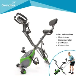 Heimtrainer mit schwarzem und grünem Design, abgebildet mit Beschreibung: 4 in 1 Funktionen, inkl. Liege- und Beintraining.