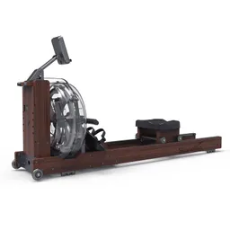 Rudergerät aus Holz mit einem großen, transparenten Ruderblatt, einem Sitz auf Schienen und einem Monitor.
