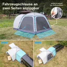 Fahrzeugschnalle im Freien, angebaut an ein Zelt mit zwei Seitenöffnungen, kombiniert mit Tischen und Stühlen.