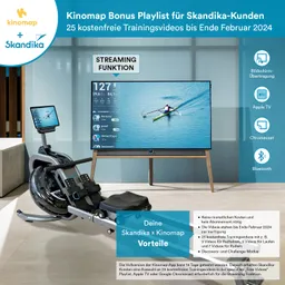Fitnessgerät mit Bildschirm und Fernseher, der ein Rudertraining zeigt. Text über Skandika-Kunden und kostenlose Trainingsvideos.