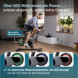 Ein Fitnessgerät zum Radfahren in einem modernen Raum. Eine Person steht auf dem Gerät. Sichtbare technische Details und Widerstandsanzeige.