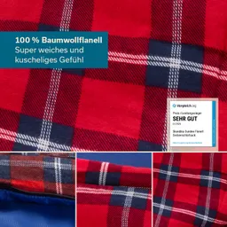 Roter Baumwollflanell mit Karomuster. Sichtbare Textur und eine Auszeichnung für Qualität. Text über dem Stoff.