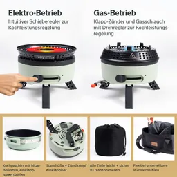 Zwei Campingkocher, links Elektro-Betrieb mit Schieberegler, rechts Gas-Betrieb mit Klapp-Zünder. Zubehör sichtbar.