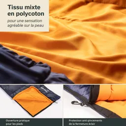 Multifunktionales Schlafsack-Futter aus orangem und blauen Polyestermaterial mit Reißverschluss und Fußöffnung.