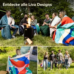 Sechs Personen sitzen um ein Feuer im Freien, eingehüllt in Decken. Zwei Personen halten Stock mit Marshmallows. Oben links und unten rechts sind weitere Bilder von Personen mit bunten Decken.