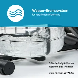 Wassertank mit Wasser-Bremssystem auf einem Fitnessgerät, Informationen zu Füllmenge und Einstellmöglichkeiten.