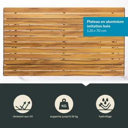 Holzimitationsplatte aus Aluminium in hellbrauner Farbe, mit mehreren horizontalen Streifen. Maßangabe: 120 x 70 cm.