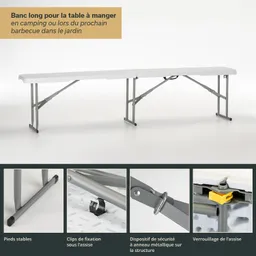 Langer, faltbarer Tisch mit stabilen Beinen und Sicherheitsvorrichtung. Nahaufnahmen von Halteclips und Verriegelungselementen.