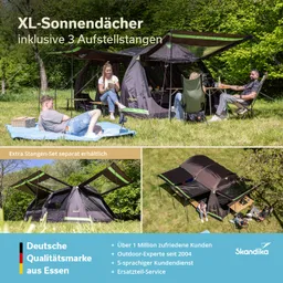 XL-Sonnendächer auf einer Wiese mit drei Aufstellstangen. Personen sitzen und entspannen in Campingstühlen. Zelt im Hintergrund.