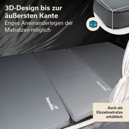 Drei graue Matratzen liegen nebeneinander in einem Zelt. Der Zeltinnenraum ist dunkel und die Matratzen haben ein Logo.