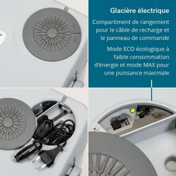 Elektro-Kühlbox in hellblau mit Bedienfeld, Stromkabel und Platz für Kabelaufbewahrung. Modus-Einstellungen sichtbar.
