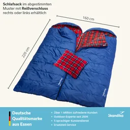 Blauer Schlafsack mit einem karierten Innenfutter und Kissen, abgebildet auf hellem Hintergrund. Maße: 220 cm x 160 cm.