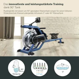 Wassertretgerät mit einem 90° Wasserbehälter, auf einem Holzboden. Im Hintergrund Vorhänge und eine Wand mit Mauerwerk.