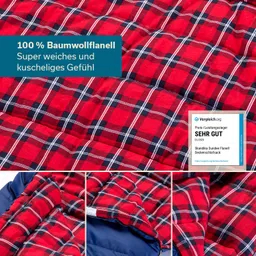Rote Decke aus 100 % Baumwollflanell mit Karo-Muster in Rot, Blau und Weiß. Zertifikat „Sehr Gut“ sichtbar.
