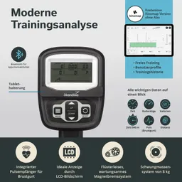 Gerät zur Trainingsanalyse mit LCD-Bildschirm, Bluetooth-Funktion, Tablet-Halterung und Bedienelementen.