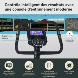 Trainingskonsole mit LCD-Bildschirm und Tablet-Halterung. Detailansicht mit Bedienelementen und verschiedenen grafischen Anzeigen.