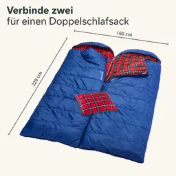 Doppelschlafsack in Blau mit roten, karierten Innenseiten und einem passenden Kissen. Maße: 220 cm x 160 cm.