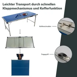 Tisch mit blauer Tischplatte, gefaltet zu einem Koffer, Kofferschnallen und Tragegriff sichtbar, dargestellt in mehreren Schritten.