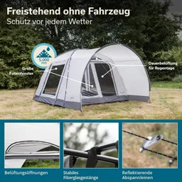 Freistehendes Zelt auf einer Wiese, umgeben von Bäumen. Zelt mit großen Fensteröffnungen, beschriftet mit Details zu Wetterfestigkeit und Belüftung.