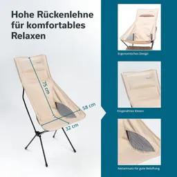 Hoher Campingstuhl mit ergonomischem Design, einem eingenähten Kissen und Netz für Belüftung. Maße: 75 cm hohe Rückenlehne.