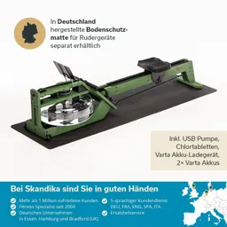 Bodenschutzmatte unter einem Rudergerät. Das Rudergerät ist grün mit einem transparenten Wassertank. Textelemente beschreiben das Produkt und Dienstleistungen.