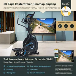 Ein Fitnessgerät (Ellipsentrainer) steht vor einem Fernseher, der eine Landschaft zeigt. Informationen über Kinomap und Vorteile sind sichtbar.