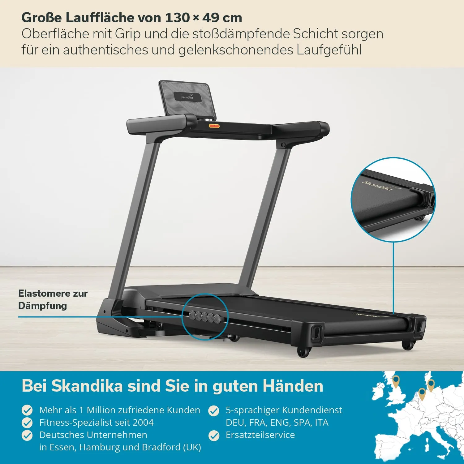 Laufband mit großem Display, Lauffläche und elastomerer Dämpfung, ergänzt durch Informationen zum Unternehmen und Service.
