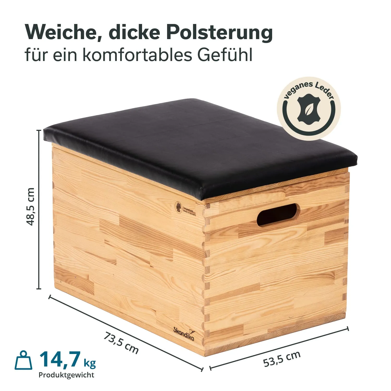 Holzkiste mit schwarzer Polsterung auf der Oberseite. Maße: 73,5 cm x 53,5 cm x 48,5 cm. Gewicht 14,7 kg.