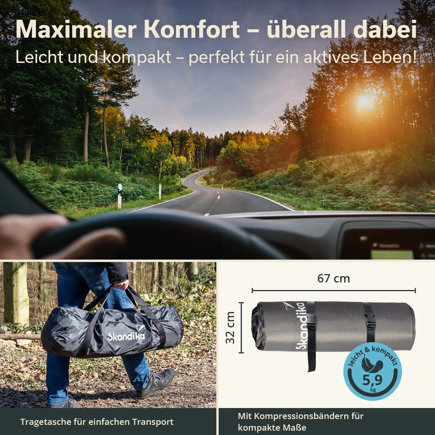 Tragetasche in schwarz für einfachen Transport, Person mit Tasche, kurvenreiche Straße zwischen Bäumen, Himmel mit Wolken und Sonne.
