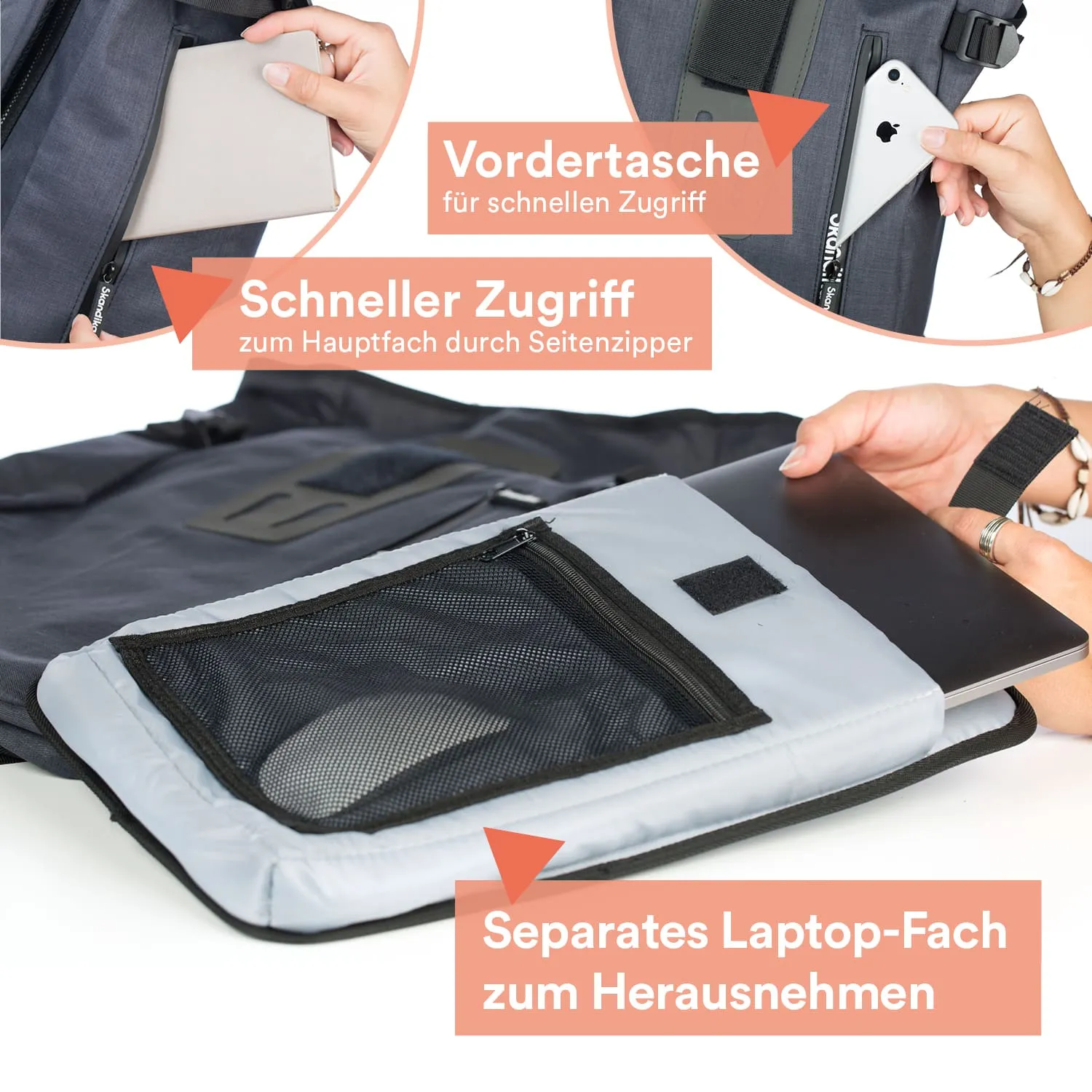 Rucksack mit mehreren Fächern, einschließlich einer vorderen Tasche und einem separaten Laptop-Fach. Hände zeigen auf verschiedene Fächer.