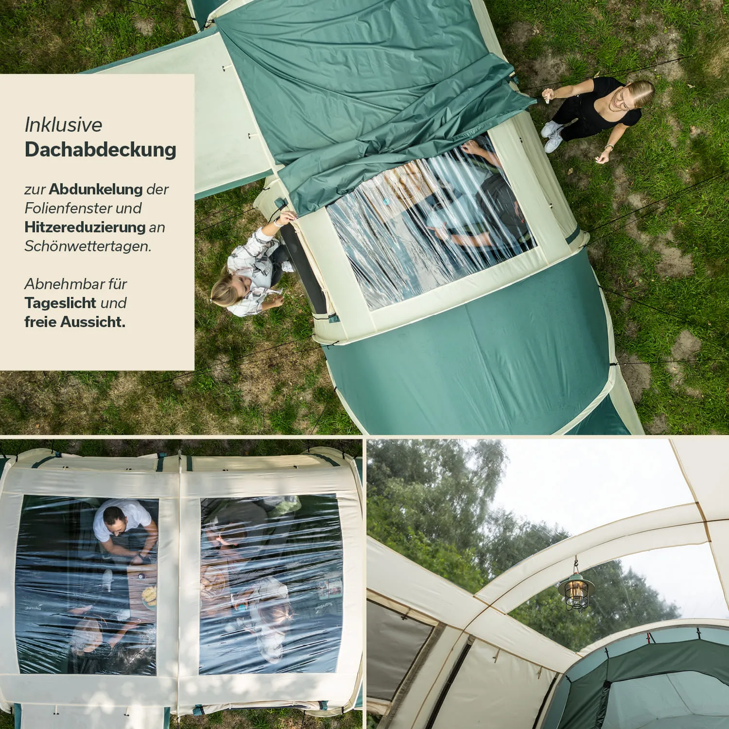 Zelt mit abnehmbarem Dach und transparenten Fenstern, Personen sind sichtbar. Zelt steht auf Grünfläche, teilweise abgedeckt.