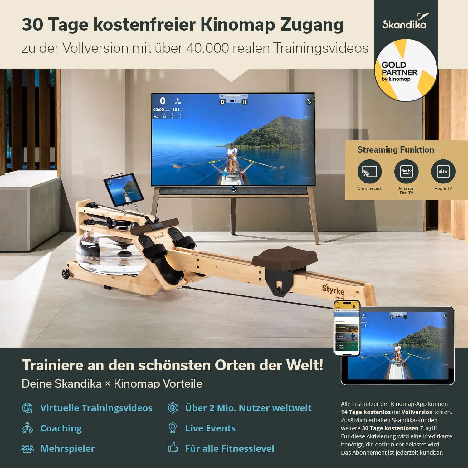 Rudergerät aus Holz mit Wasserspeicher, neben einem Fernseher, der ein Trainingsvideo zeigt. Tablet in der Nähe mit App-Anzeige.