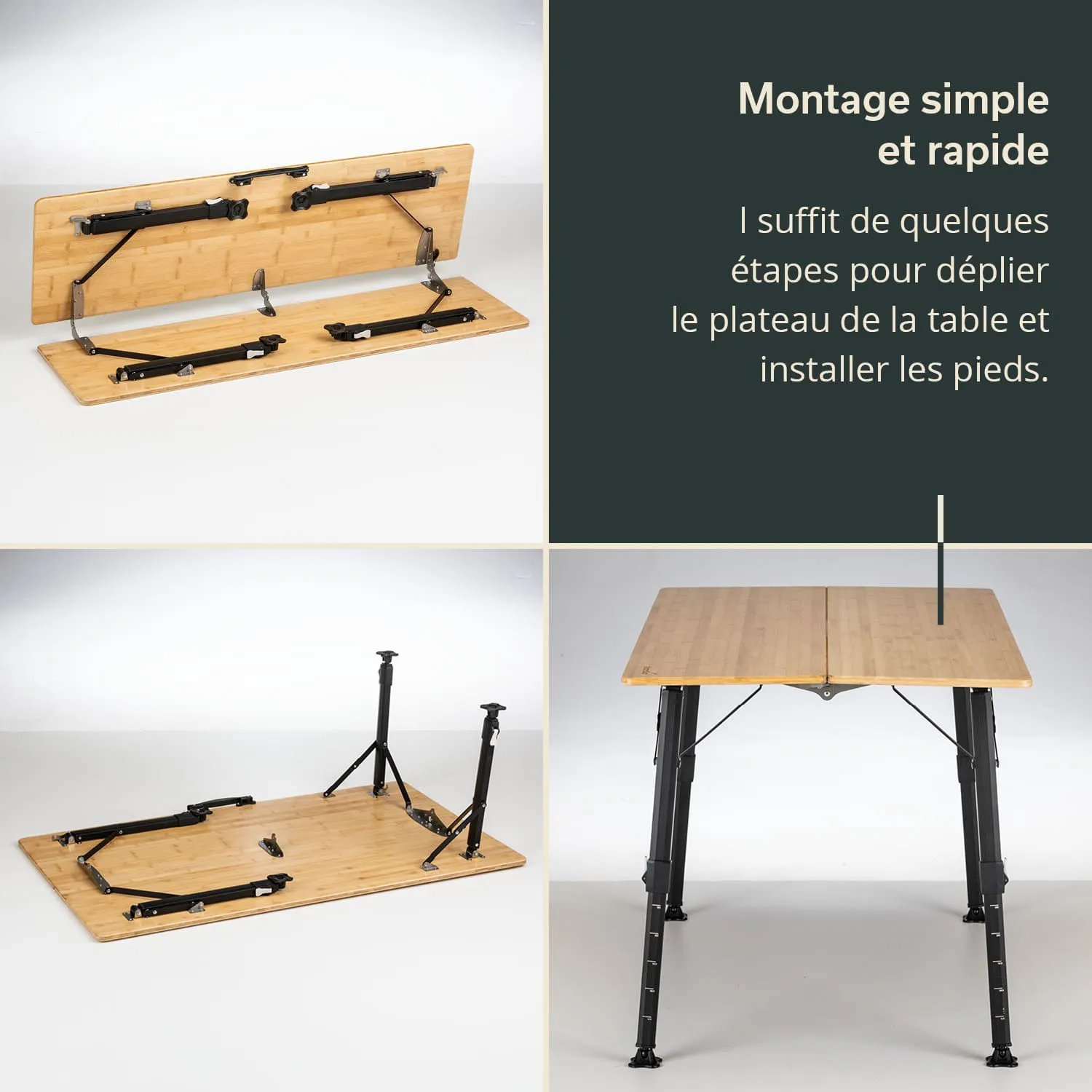 Faltbarer Tisch in verschiedenen Montagephasen. Oben: Tischplatte zusammengeklappt. Unten links: Tischplatte mit montierten Beinen. Unten rechts: Aufgestellter Tisch mit stabilen Beinen.