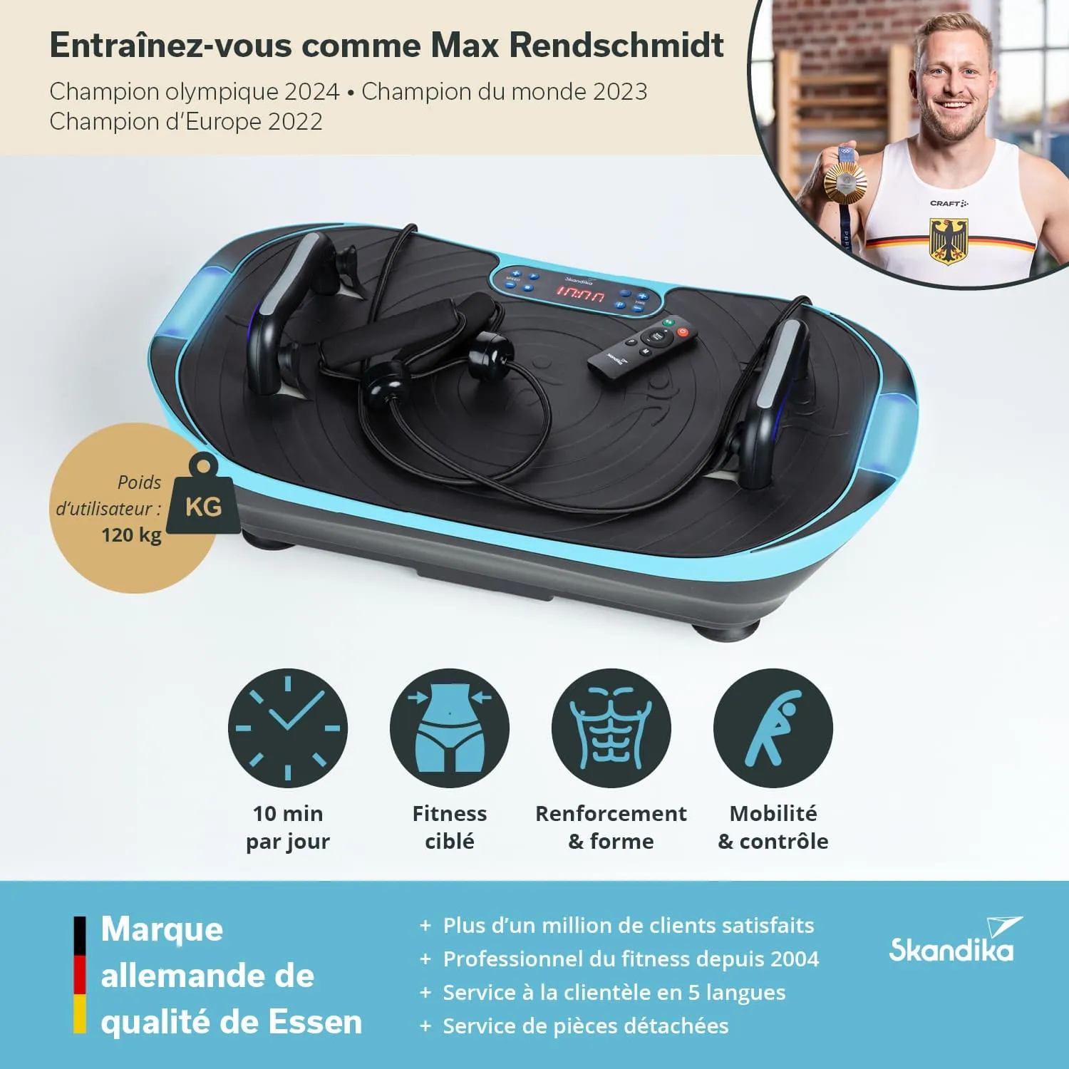 Trainingsgerät mit blauer Beleuchtung und Bedienelementen. Neben dem Gerät sind Kopfhörer zu sehen. Informationen über Nutzung und Marke sind im unteren Teil.
