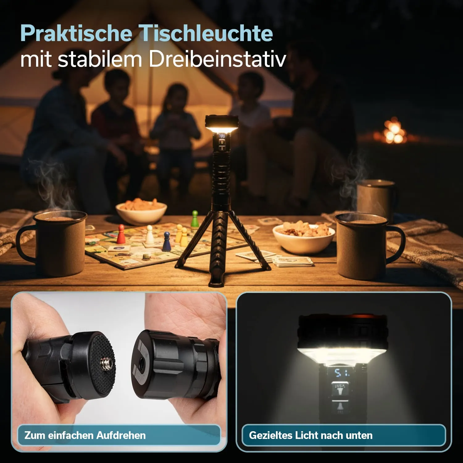 Tischleuchte mit stabilem Dreibeinstativ auf einem Tisch, umgeben von Snacks, Bechern und einem Spielbrett. Im Hintergrund sind Personen und ein Zelt zu sehen.