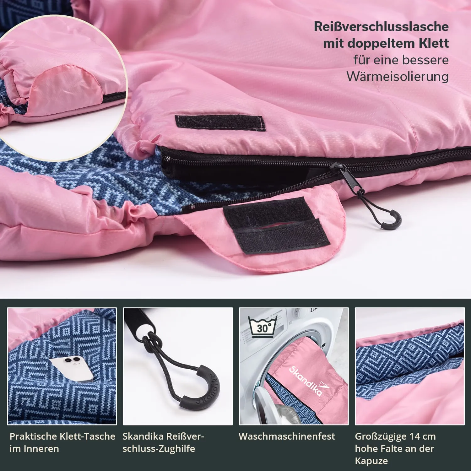Rosa Schlafsack mit Reißverschluss und Klettverschluss. Innenseite mit geometrischem Muster in Blau. Optionale Zughilfe und Waschmaschinenfest.