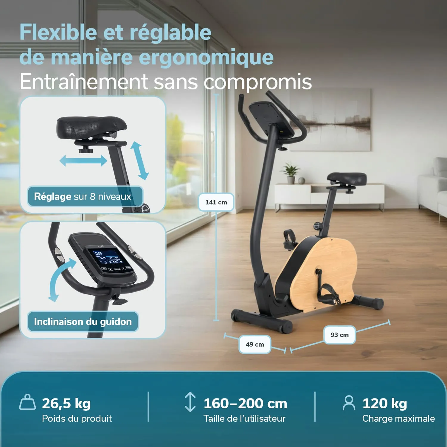 Ergonomisches Fitnessgerät mit verstellbarem Sitz und Lenkstange, ausgestattet mit einem Display und aus Holz und Metall.