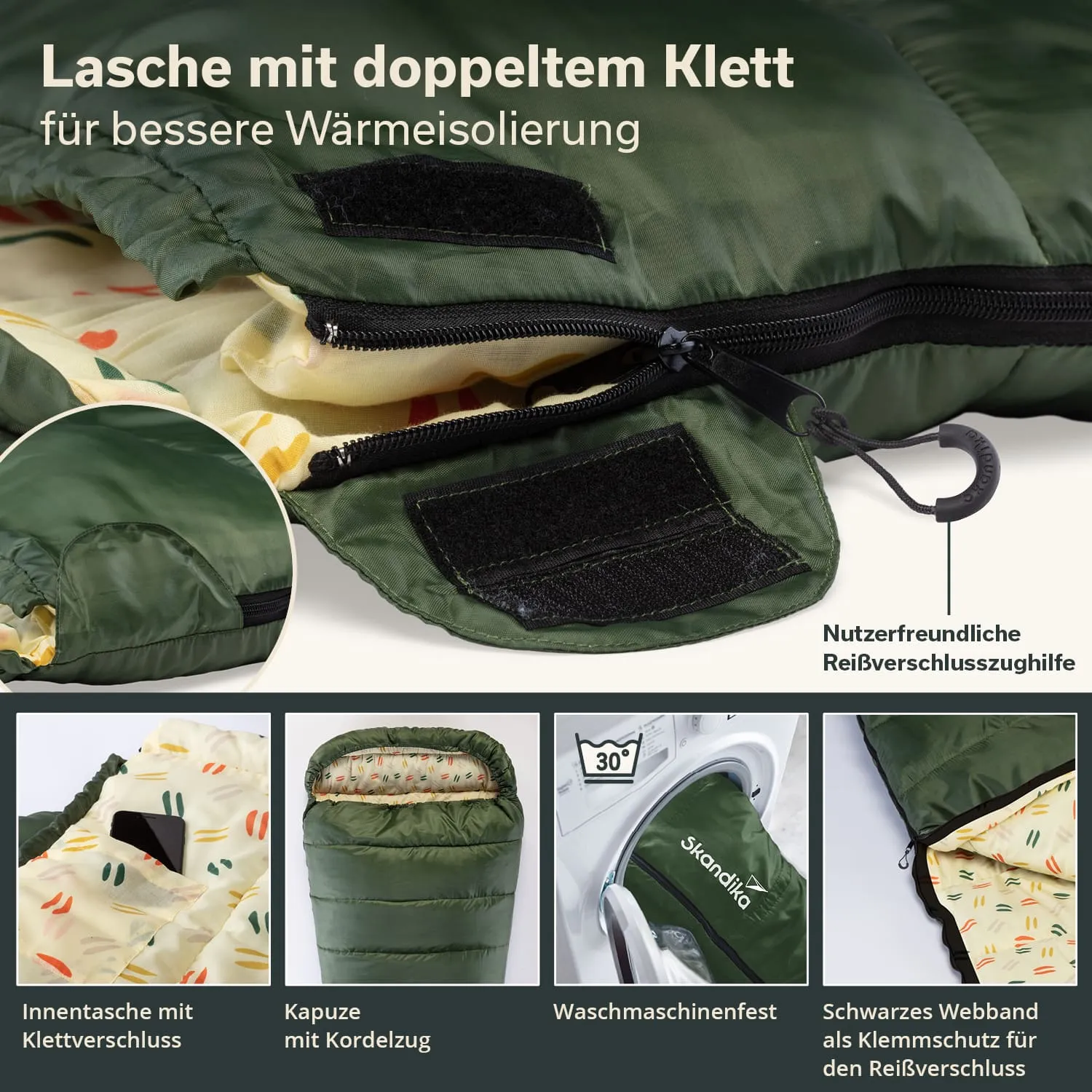 Grüner Schlafsack mit doppeltem Klettverschluss, Innentasche, Kapuze und Waschmaschinen-geeignetem Material.
