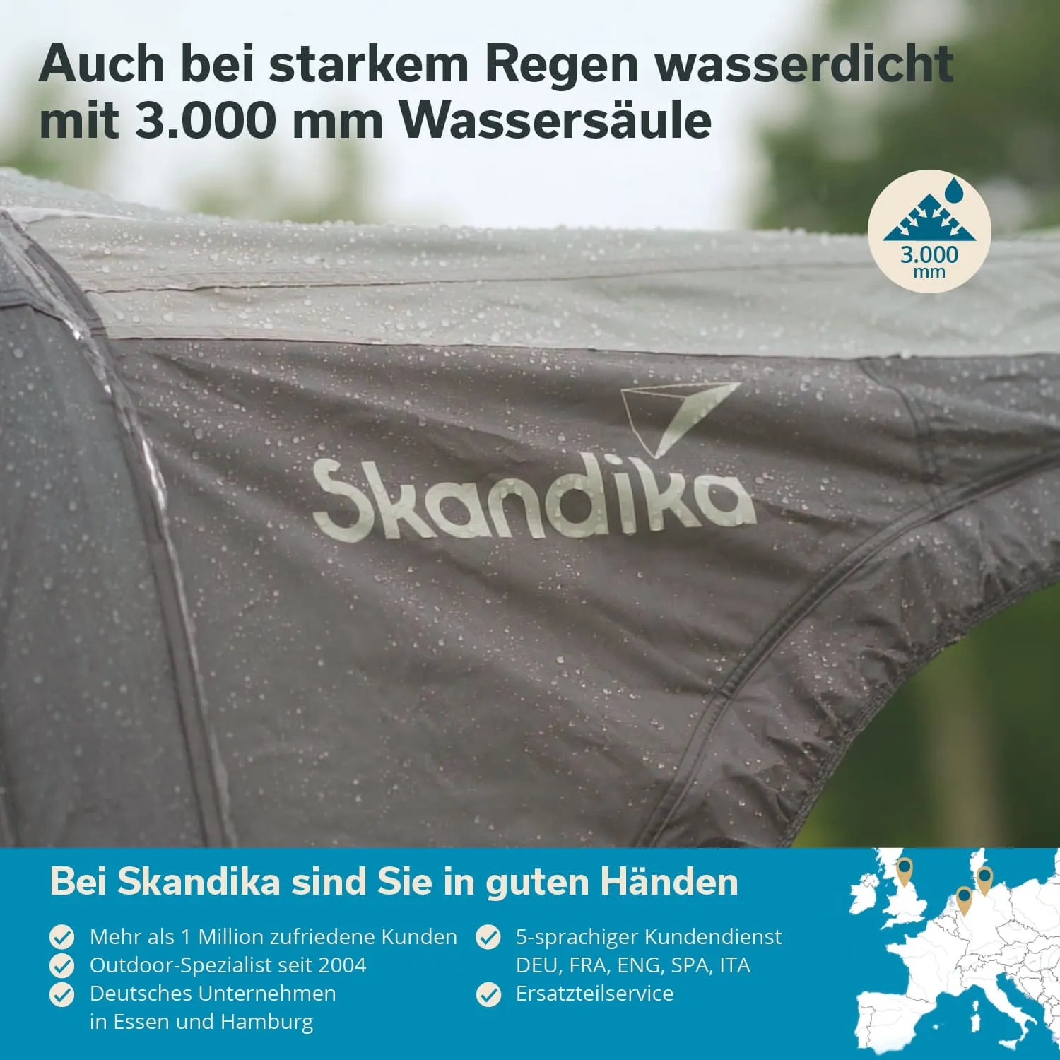 Zelt mit dem Logo „Skandika“, auf dem Dach sind Wassertropfen sichtbar. Text zu Wasserdichtigkeit bei Regen.