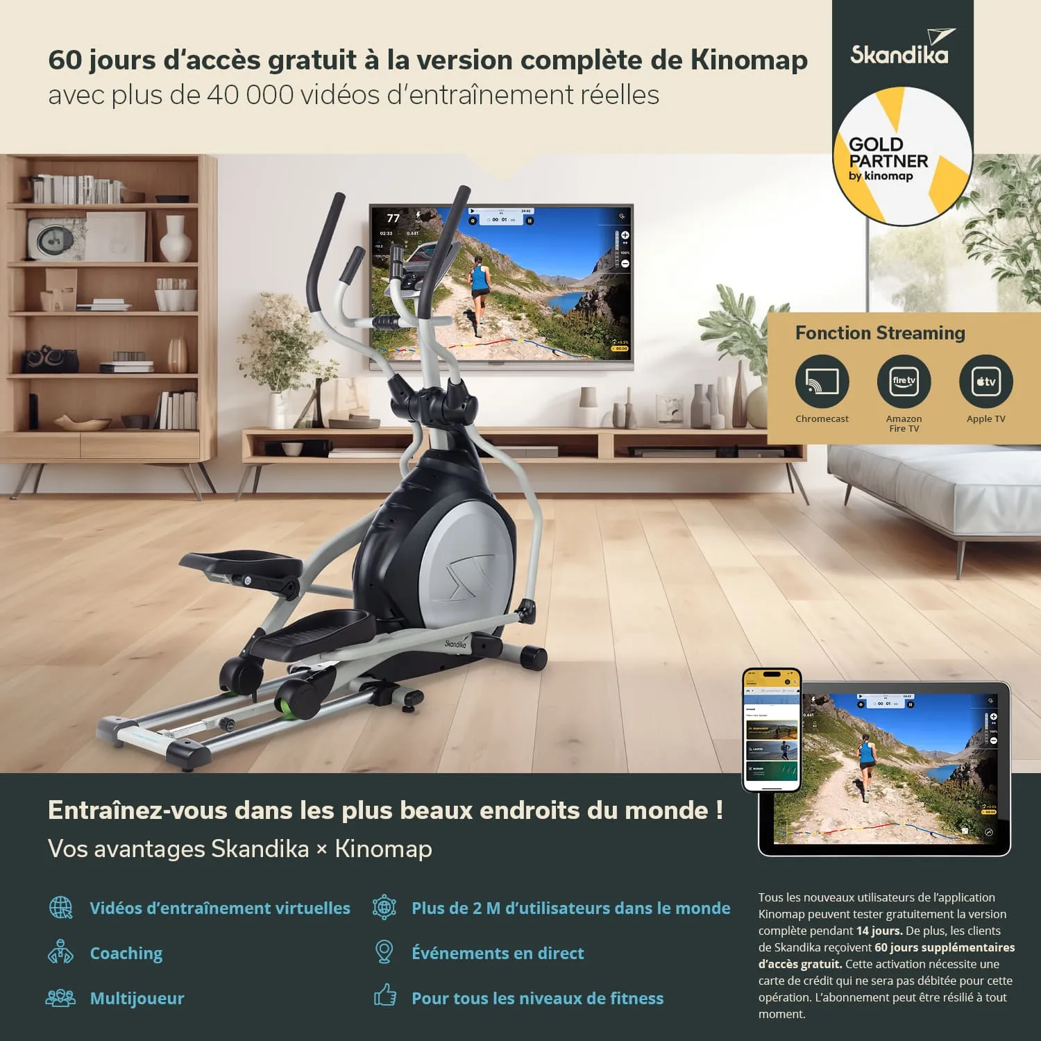 Fitnessgerät (Crosstrainer) im Wohnraum auf einem Holzboden, ein Fernseher zeigt Trainingseinstellungen, mobiles Gerät ist sichtbar.