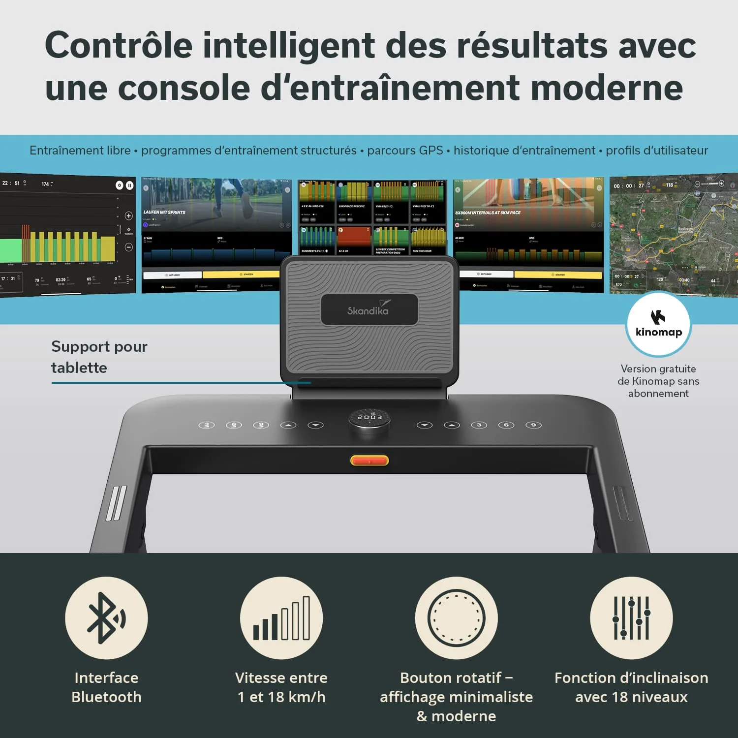 Konsole eines Fitnessgeräts mit Tablet-Halterung, Bedienelementen und Anzeigeoptionen. Grafiken zeigen Trainingsdaten und Profile.