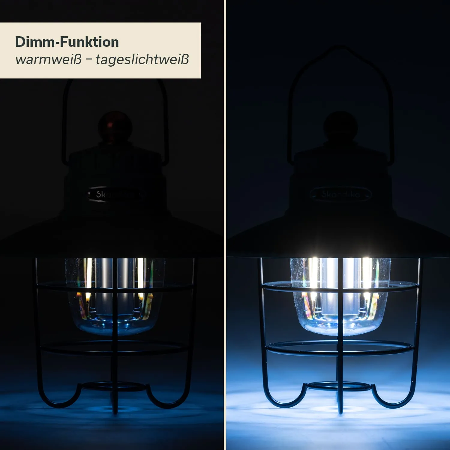 Laterne mit Dimm-Funktion, die links warmweiß und rechts tageslichtweiß leuchtet, mit dunklem Hintergrund.