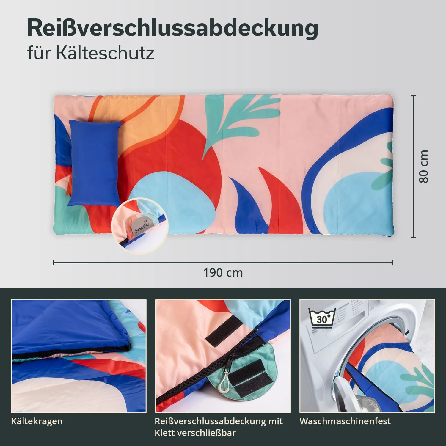 Bunt gemusterte Reisverschlussschutzabdeckung für Kälteschutz, 190 x 80 cm, mit klettbarem Verschluss und Waschmaschineneignung.