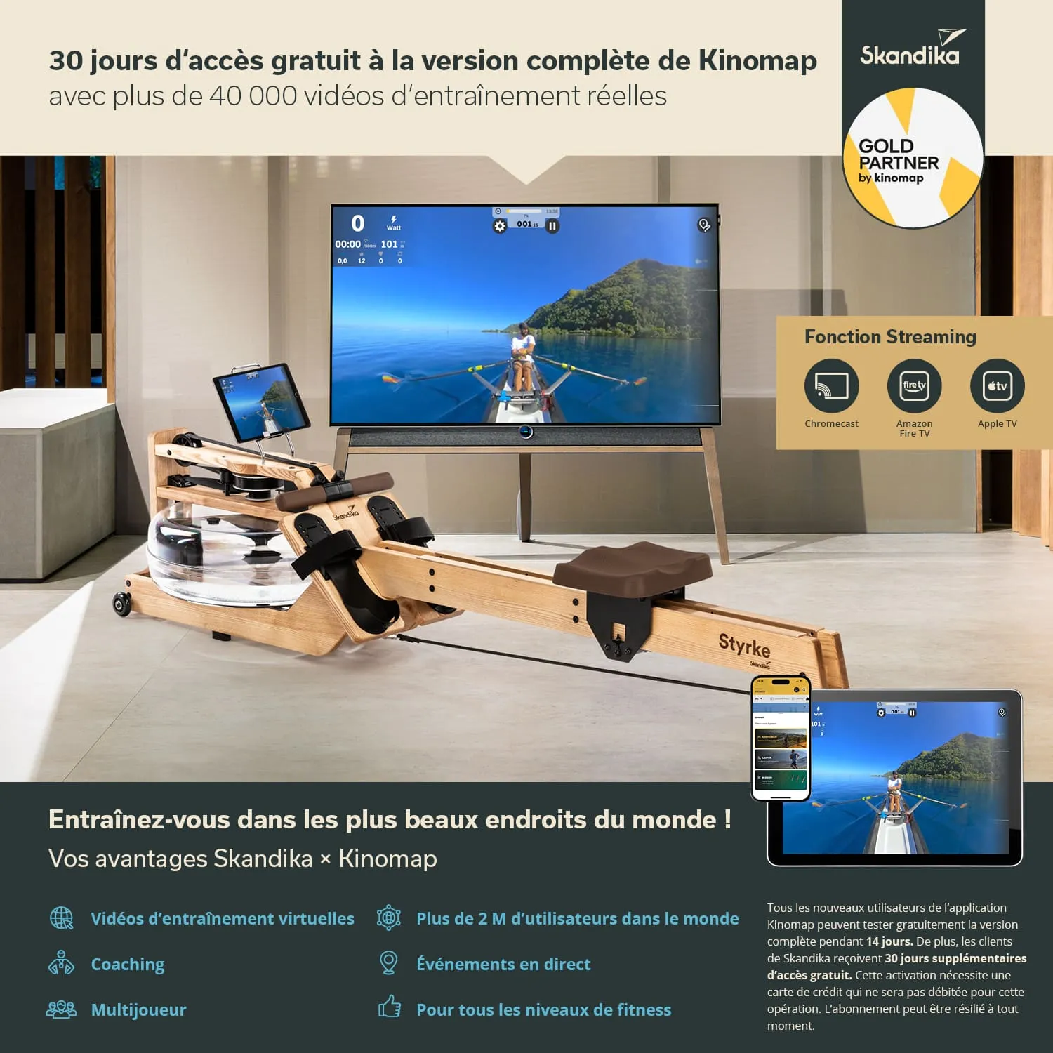 Holz-Rudergerät mit Wasserbehälter vor einem großen Fernseher, der ein Rudertraining zeigt. Smartphone und Tablet daneben.