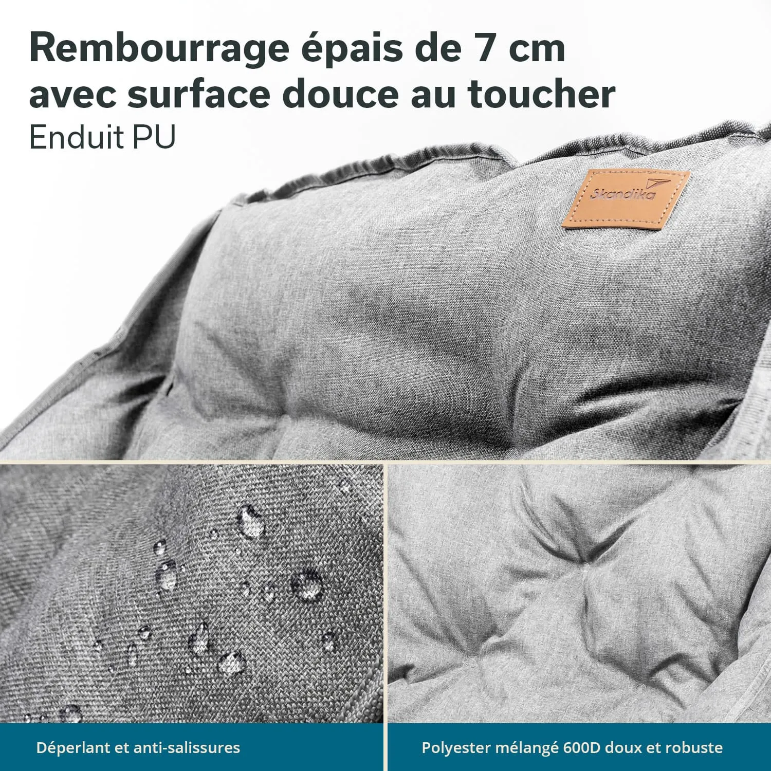 Graues Kissen mit 7 cm dickem Polster, wasserabweisender Oberfläche und Nähe zu Etikett. Text beschreibend.