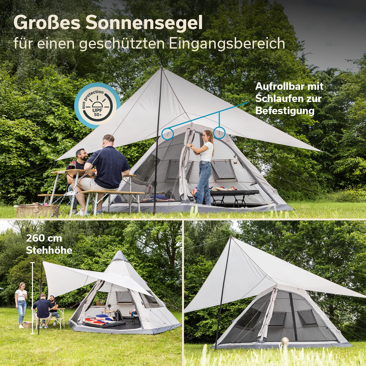 Großes Sonnensegel über einem Eingangsbereich. Personen stehen um einen Tisch, Zelt im Hintergrund. Grüne Umgebung.