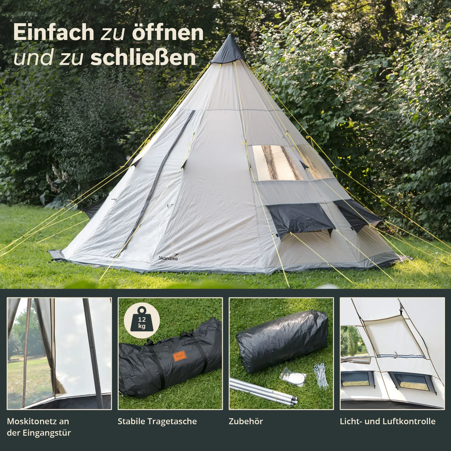 Zelt in konischer Form auf Rasen, umgeben von Bäumen. Möglichkeit für Moskitonetze und verschiedene Zubehörteile aufgezeigt.